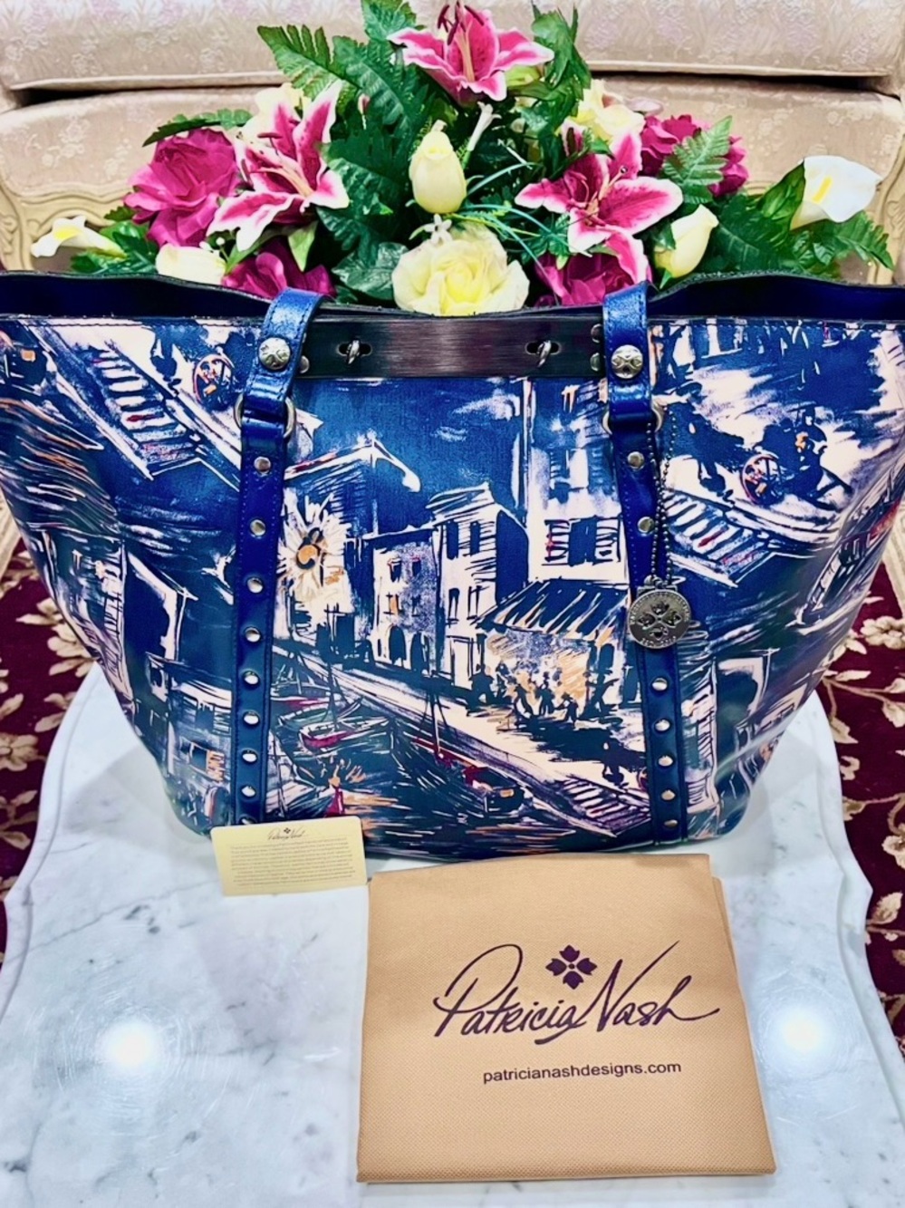 Patricia Nash Navy and Cream Coastal Village Print Tote with Studded Straps